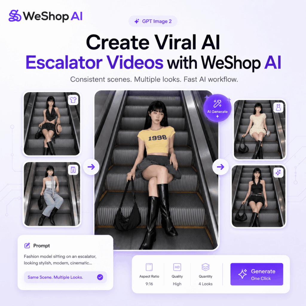 Create Viral AI Escalator Videos with WeShop AI – WeShop AI Blog AI escalator video hero image showing WeShop AI generating consistent fashion model looks on an escalator