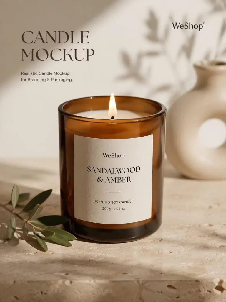 Realistic amber glass candle mockup with a cream label, soft natural shadows, warm lighting, and minimalist candle branding.