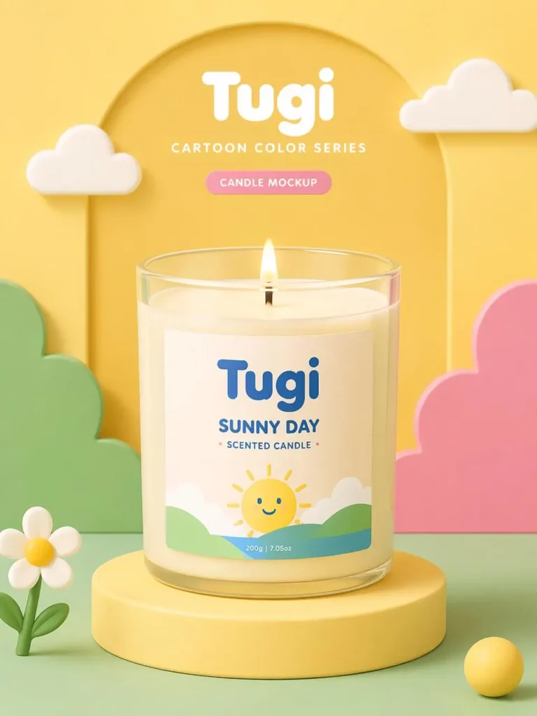 Playful colorful candle mockup with bright yellow background, cartoon-style packaging, cheerful label design, and giftable product styling.