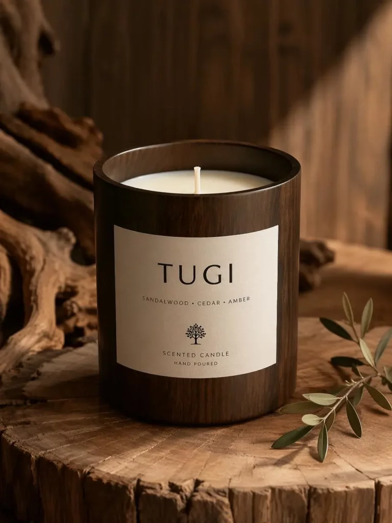 Luxury dark wooden candle mockup with a clean label, warm rustic background, natural branch details, and premium product photography style.