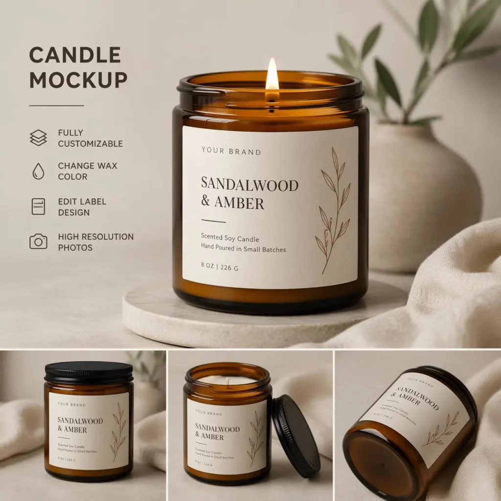 Amber candle mockup collage showing different product angles, label details, lid view, and customizable candle packaging features.