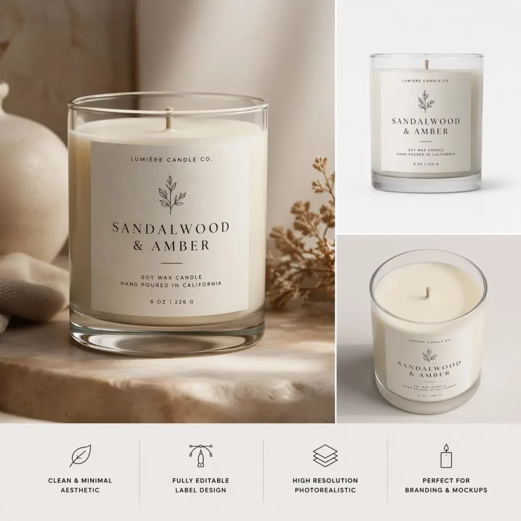 Clear glass candle mockup collage with minimalist label design, lifestyle scene, top view, ecommerce layout, and branding feature icons.