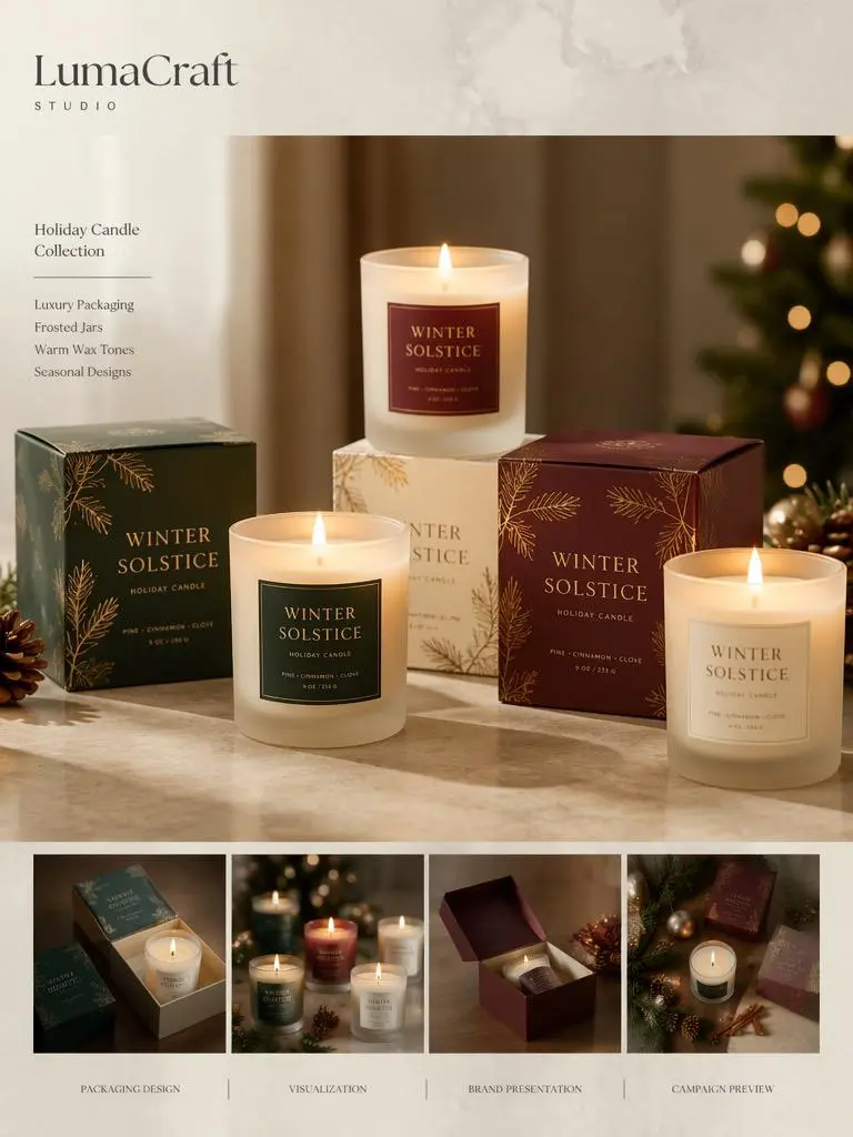 Holiday candle packaging mockup featuring winter candle jars, gift boxes, warm lighting, and seasonal product presentation layouts.