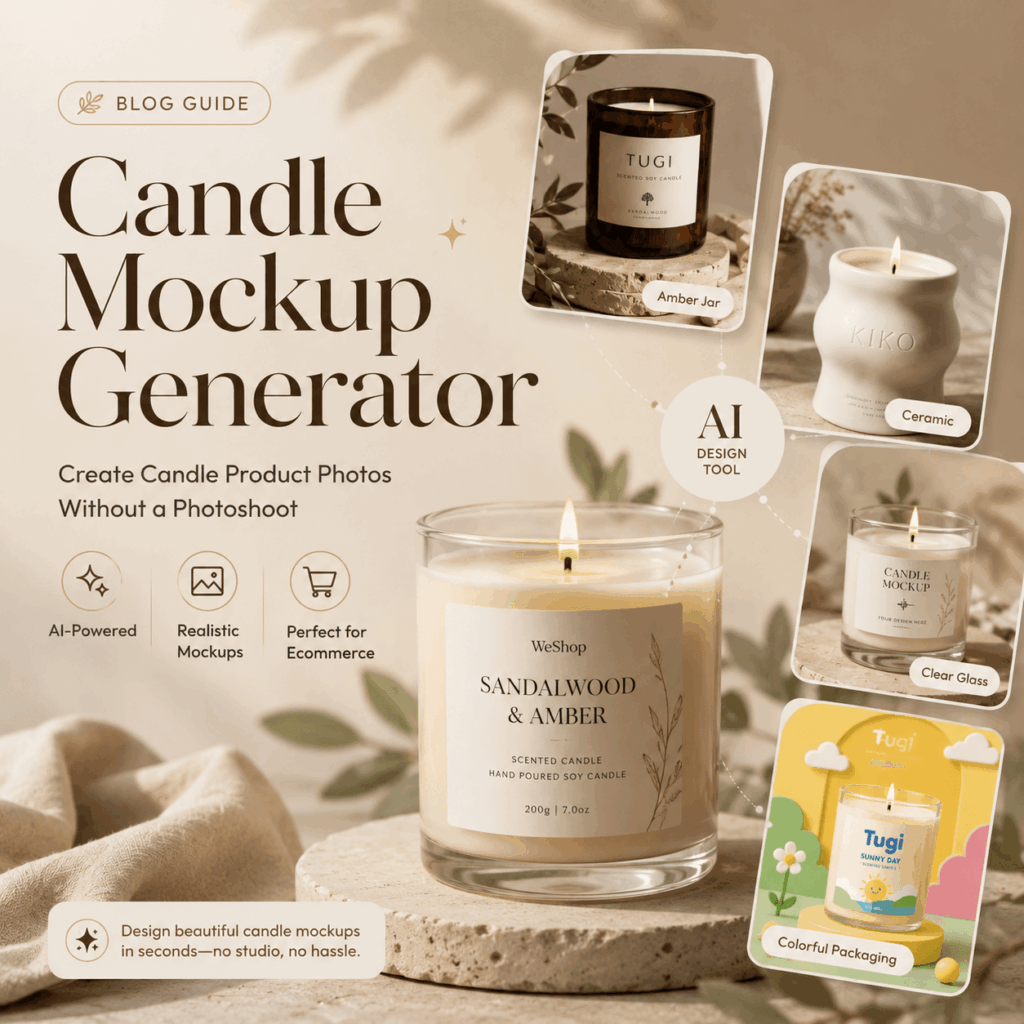 Candle Mockup Generator blog hero showing realistic candle product photos, AI mockup cards, amber jar, ceramic candle, clear glass candle, and ecommerce design elements.