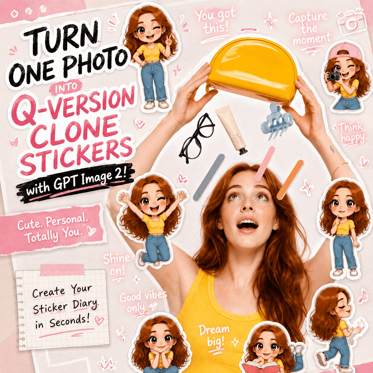 Square blog cover showing a woman in a yellow top surrounded by cute Q-version clone stickers, pink doodles, and bold text about creating clone stickers with GPT Image 2.