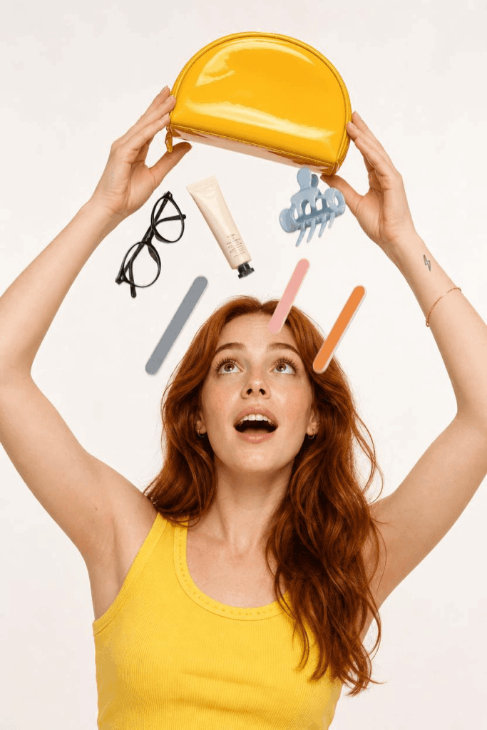 Original portrait of a red-haired woman in a yellow top holding a yellow pouch above her head.