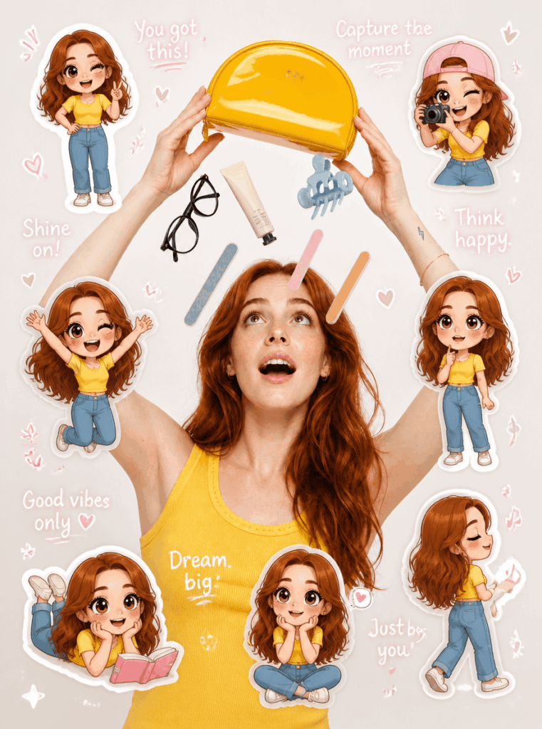 AI-generated sticker diary image of the same red-haired woman surrounded by cute Q-version clone stickers, doodles, and handwritten phrases.