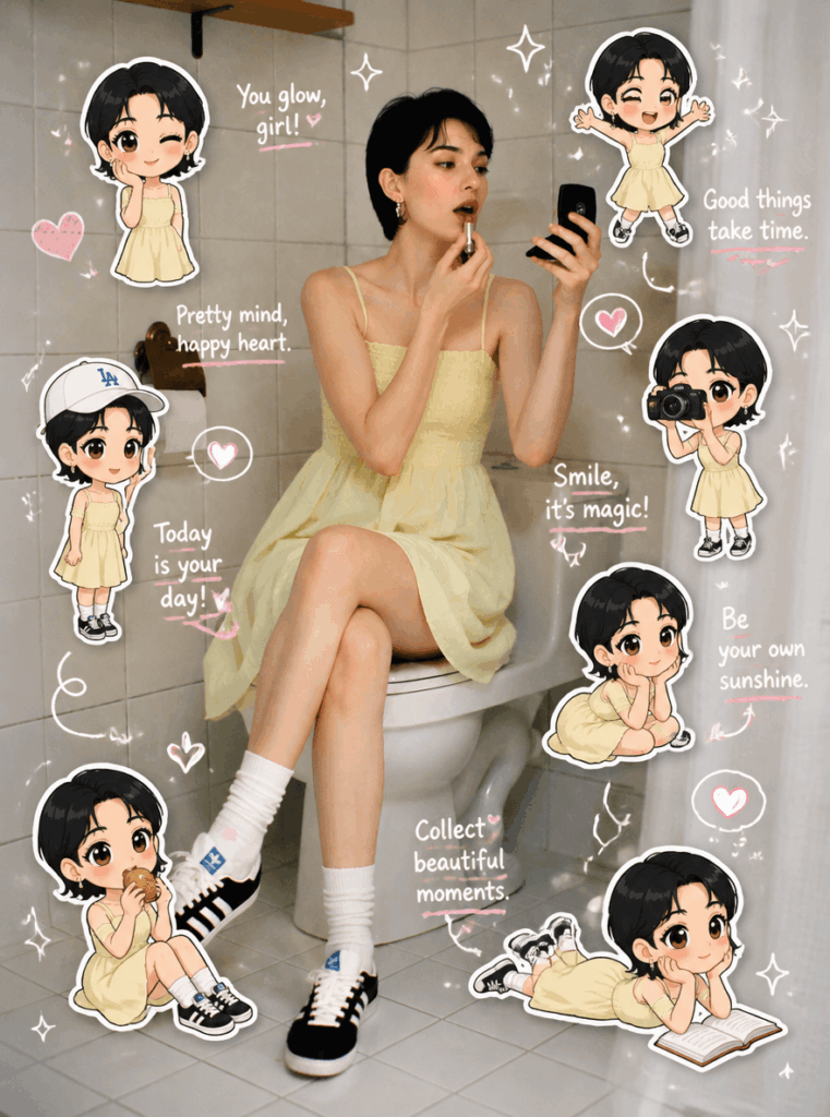 AI-generated sticker diary image of a woman in a yellow dress with multiple Q-version clone stickers, white doodles, and short motivational text.