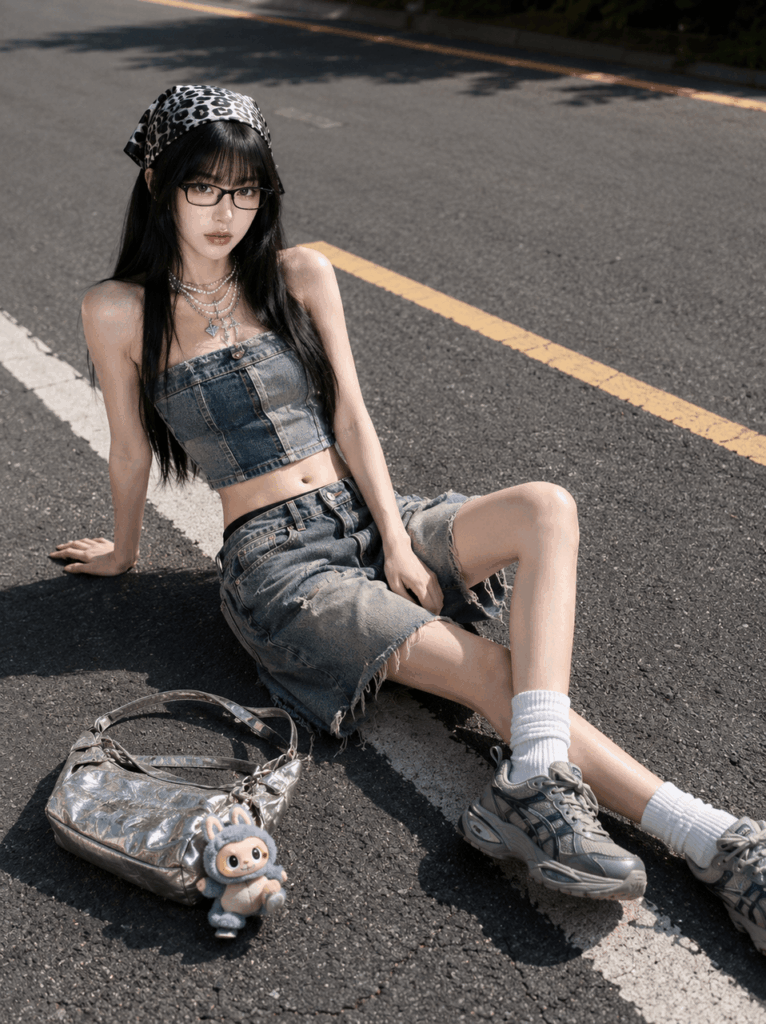Original street-style photo of a woman wearing glasses and a denim outfit sitting on the road.