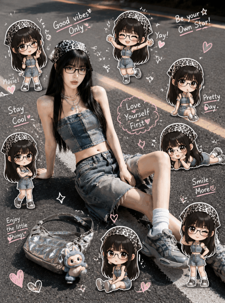 AI-generated sticker diary image of a woman in a denim outfit surrounded by Q-version clone stickers, pink doodles, and handwritten phrases.