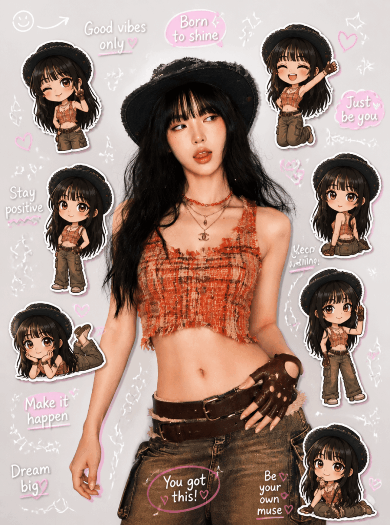 AI-generated sticker diary image of a woman in a black hat and orange outfit with matching Q-version clone stickers, hearts, sparkles, and handwritten notes.