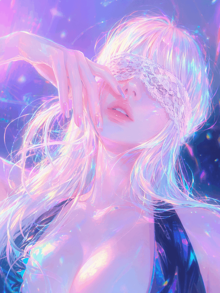 赛博2 – WeShop AI Blog AI anime portrait of a blonde woman with a lace blindfold, transformed into a glowing cyber angel style with neon iridescent highlights.