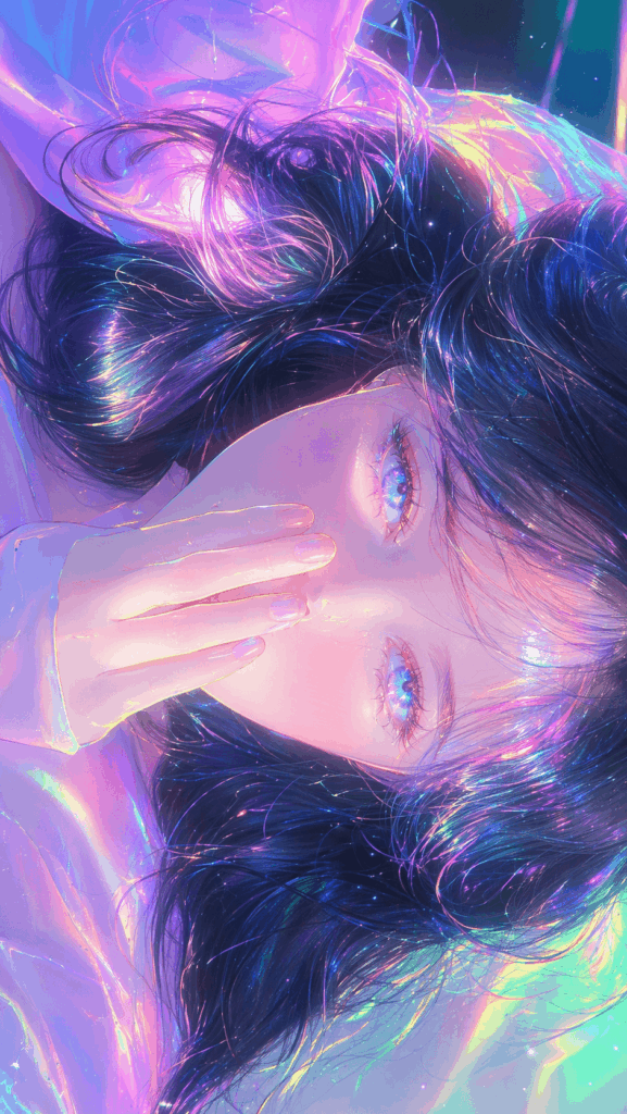 赛博4 – WeShop AI Blog Dreamy AI anime portrait of a dark-haired woman with glowing eyes, pastel neon reflections, and holographic cyber angel lighting.