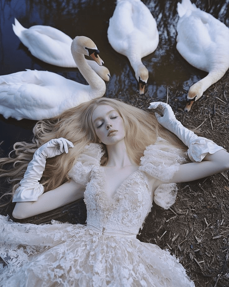 赛博5 – WeShop AI Blog Original fantasy-style photo of a blonde woman lying near white swans, used as the source image for an AI anime portrait effect.