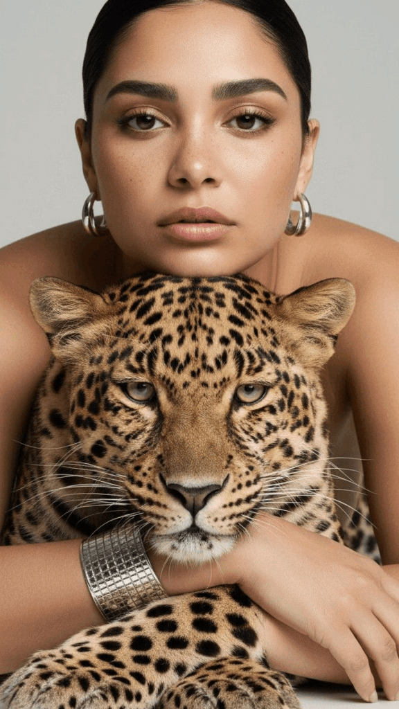 赛博7 – WeShop AI Blog Original portrait of a woman posing with a leopard, used as the source image for an AI anime portrait transformation.
