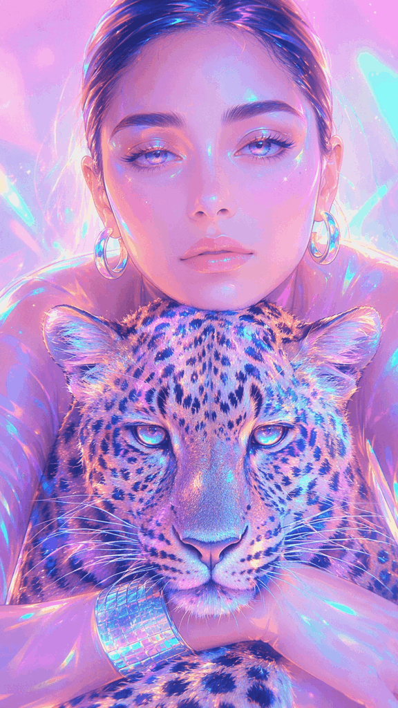 赛博8 – WeShop AI Blog Dreamy AI anime portrait of a woman with a leopard, featuring neon pastel lighting, iridescent glow, and a cyber fantasy style.