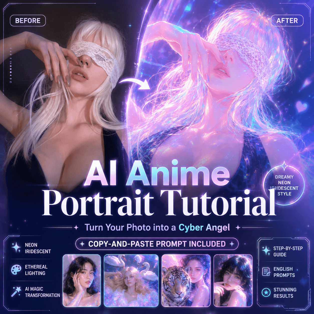 AI anime portrait tutorial cover showing a before-and-after transformation from a real portrait photo into a dreamy neon cyber angel artwork with iridescent lighting.