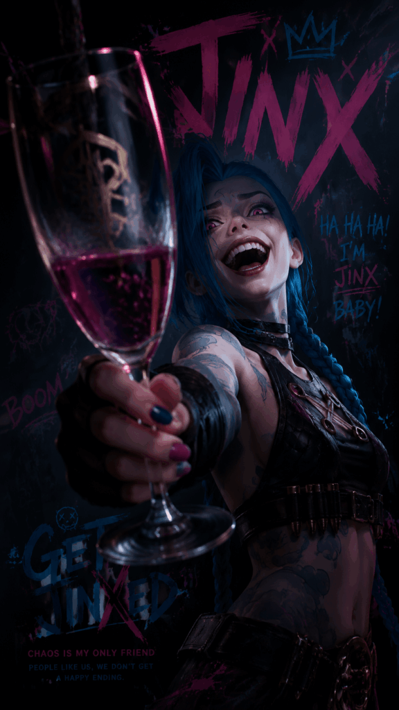 Cinematic Jinx anime poster with a wine glass in the foreground, low-angle view, and neon graffiti background.