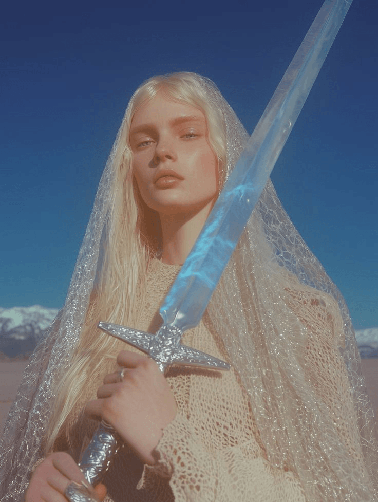 Original fashion portrait of a blonde woman holding a translucent sword against a blue outdoor background before applying the AI neon gradient 3D style.