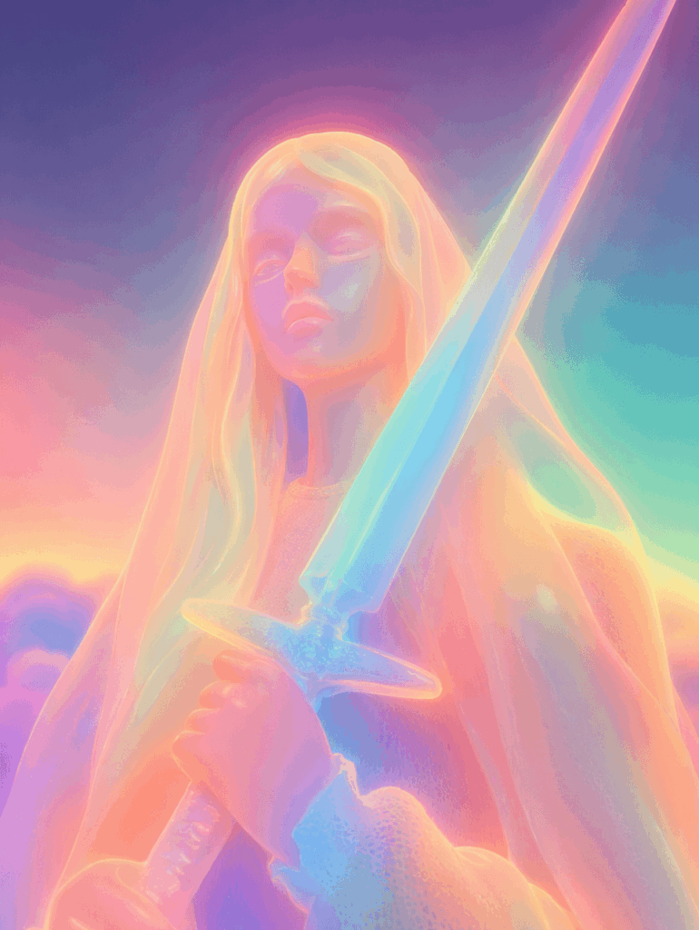 AI-generated neon gradient 3D sculpture version of a blonde woman holding a glowing sword, with soft focus, pastel colors, and frosted glass texture.