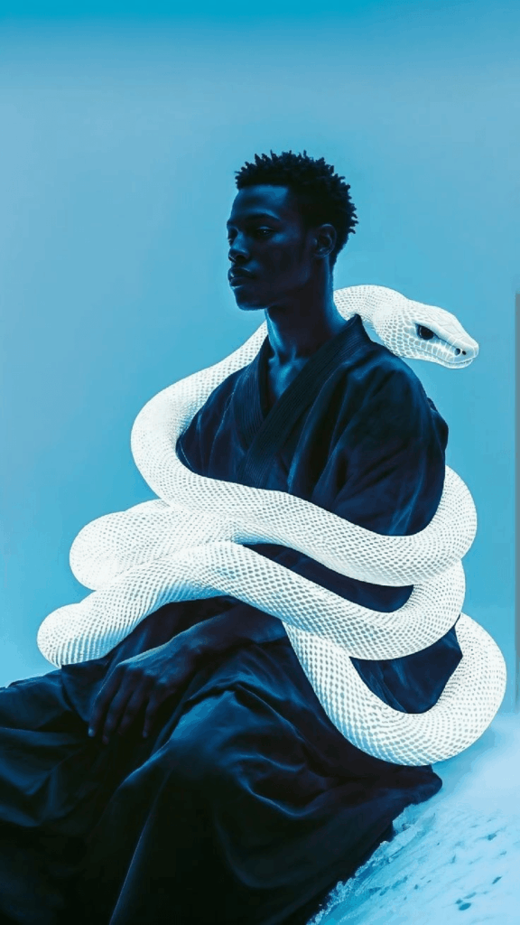 Original portrait of a man in dark clothing with a white snake wrapped around him against a clean blue background before AI transformation.