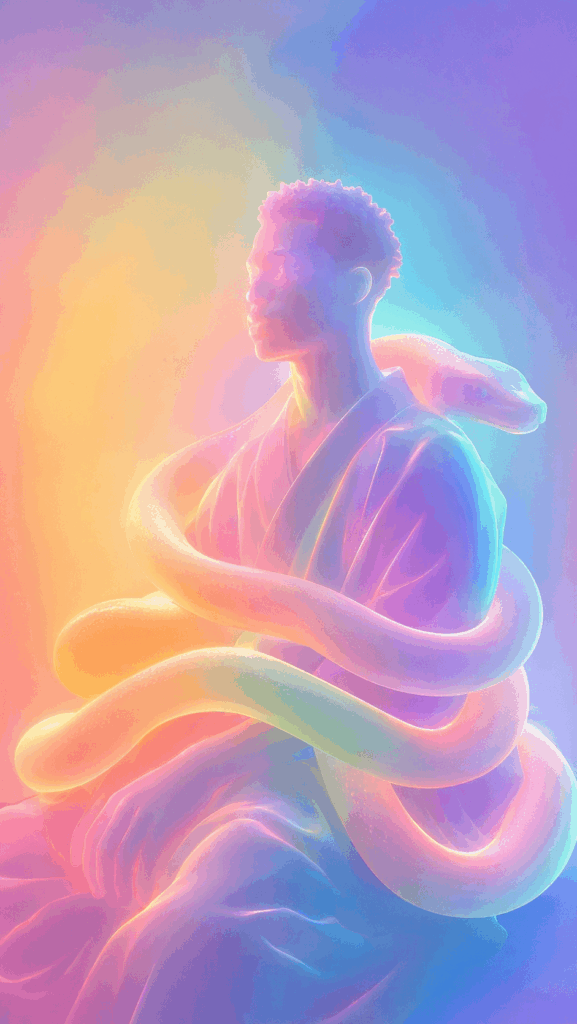 AI-generated neon gradient 3D sculpture of a man with a glowing snake, featuring pastel light, soft mist, and smooth translucent textures.