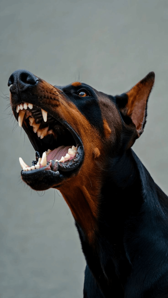 Original close-up Doberman portrait with sharp teeth, strong facial expression, and a simple gray background before AI style transfer.