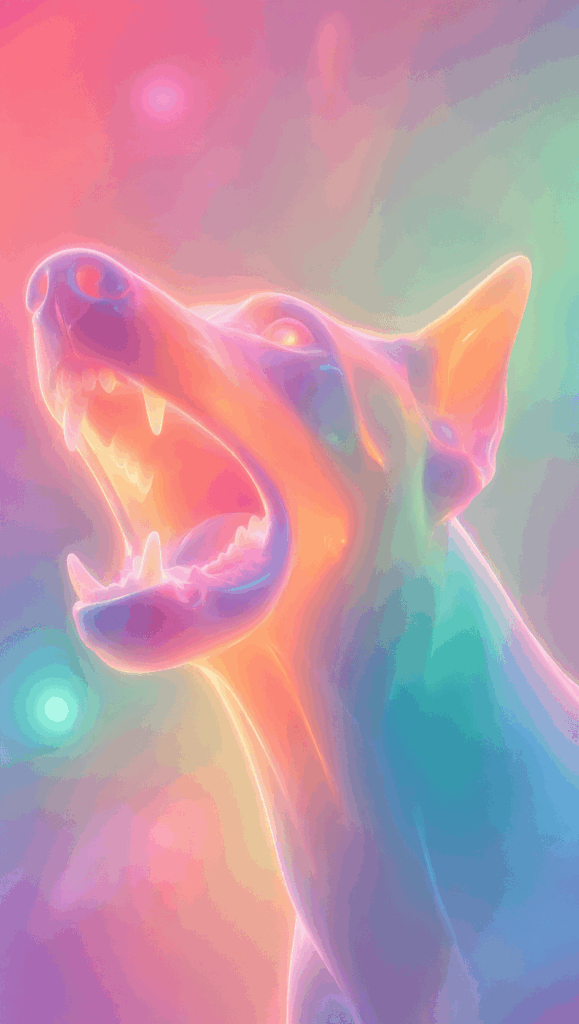 AI-generated neon gradient 3D style Doberman portrait with glowing pastel colors, soft focus, and a sculptural digital art effect.