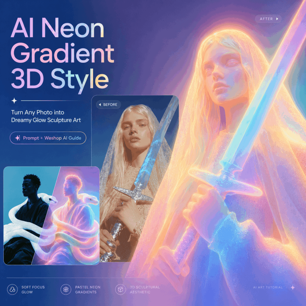 Blog cover showing an AI neon gradient 3D style before-and-after transformation, with a fashion portrait turning into dreamy glowing sculpture art using Weshop AI.