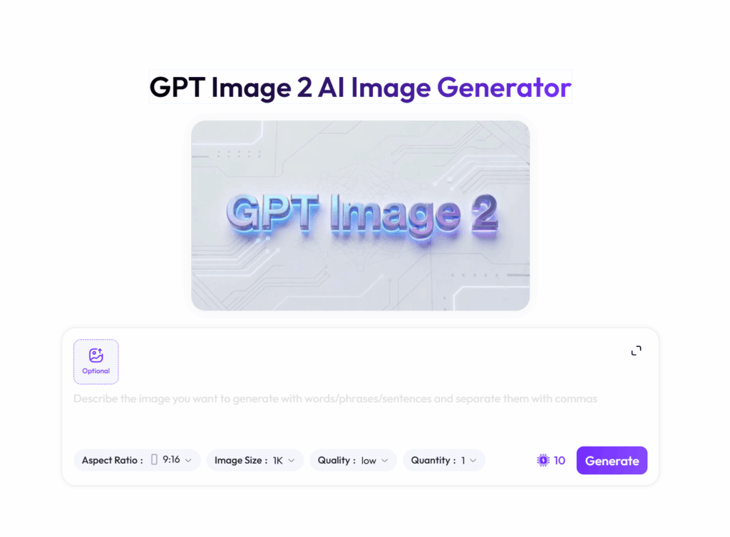 GPT Image 2 AI Image Generator interface with prompt box, aspect ratio settings, and Generate button