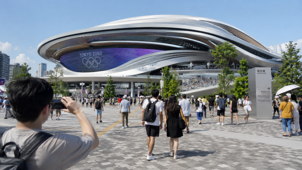04BF0BB3-5499-42E1-8FBA-02A0A878DCFF – WeShop AI Blog GPT Image 2 vacation photo showing visitors exploring a futuristic Olympic stadium during a fictional 2050 event.