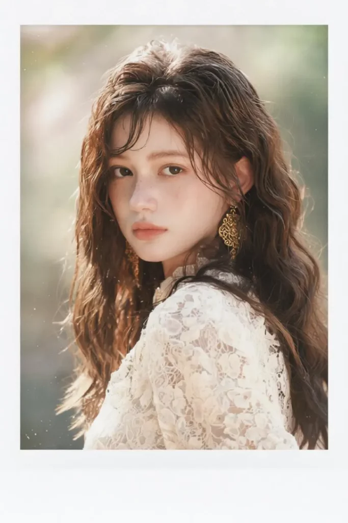 08d6f93a-a904-40e6-bbd1-bba640038d92_832x1248png_preview – WeShop AI Blog The same outdoor lace portrait placed inside a clean white Polaroid frame with a wider lower border.