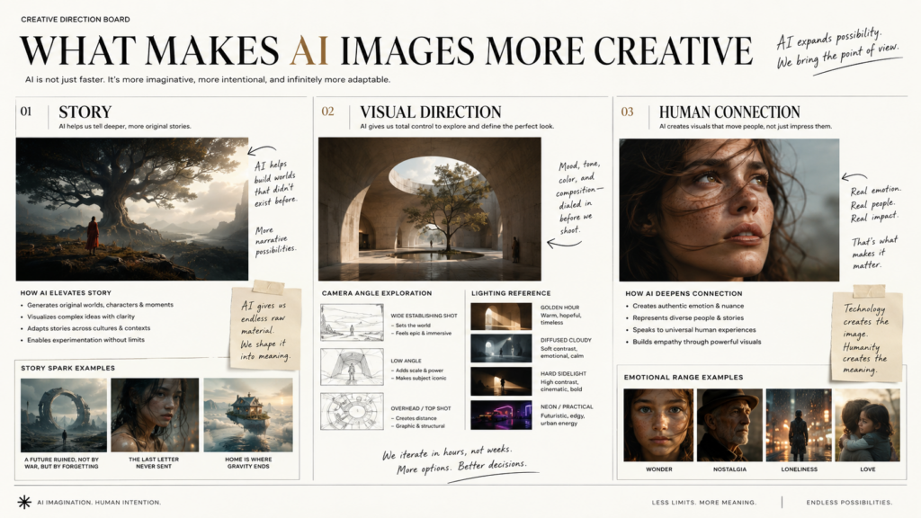 09E89148-3C2E-4FC8-A98B-D8CC3402B9B8 – WeShop AI Blog Editorial creative board explaining how story, visual direction, and human connection make AI-generated images more meaningful.