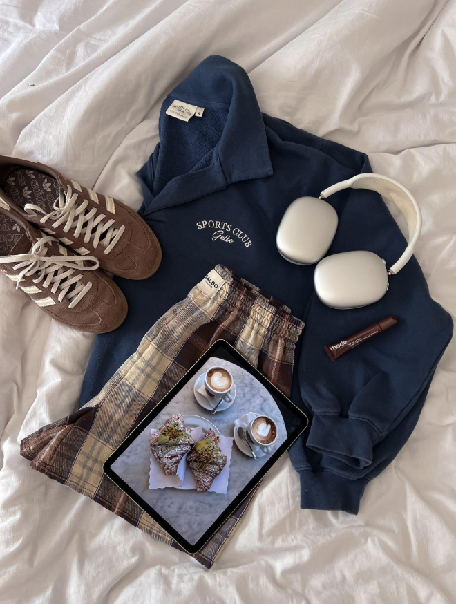 Original outfit photo used for AI Video Replication with a navy shirt, plaid pants, and accessories.