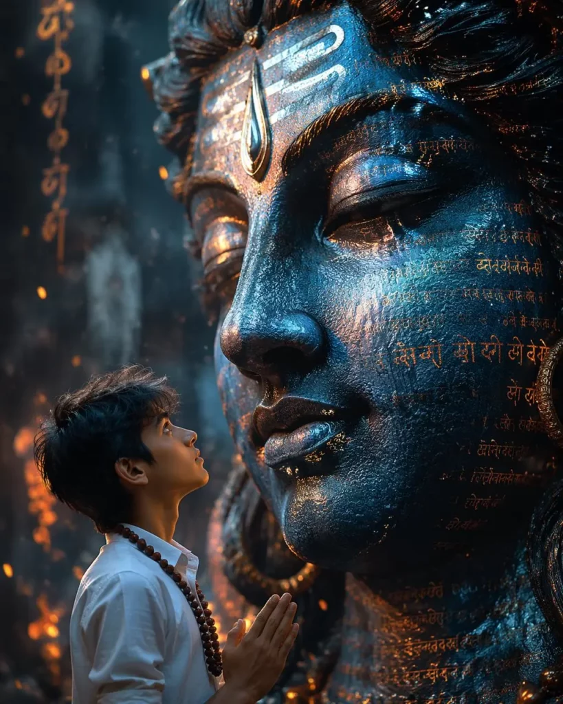 12683b7c-0fd7-4654-8586-bbcf858ceac1_1024x1280png_preview – WeShop AI Blog Young devotee praying beside a towering blue Mahadev statue with glowing Sanskrit details, created using the Seen Mahadev Generator.