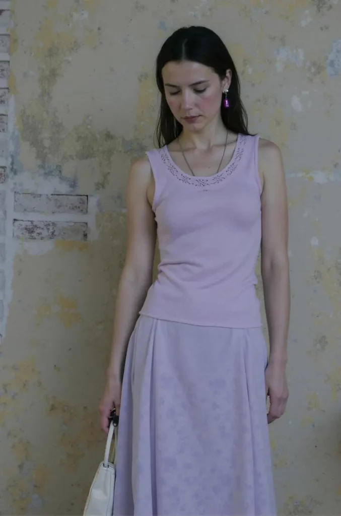 14072f4d-d77d-4c07-8287-11fbab0184bf_968x1464png_preview – WeShop AI Blog AI Pose Generator ecommerce image showing a model in a pink outfit holding a white handbag in a relaxed standing pose.