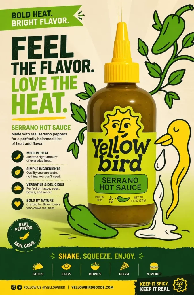 1b6dbeba-82ab-4b18-8879-a2b5df7f00f8_832x1264png_preview – WeShop AI Blog Yellow Bird serrano hot sauce flyer featuring a green sauce bottle, playful illustrations, and key product benefits.