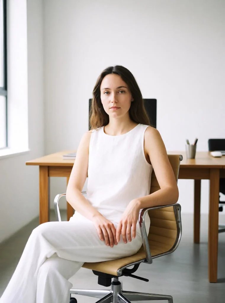 1c4cf191-db22-412a-b672-1746f53d0125_1520x2048png_preview – WeShop AI Blog AI Pose Generator result showing a woman in a white outfit seated naturally on an office chair.