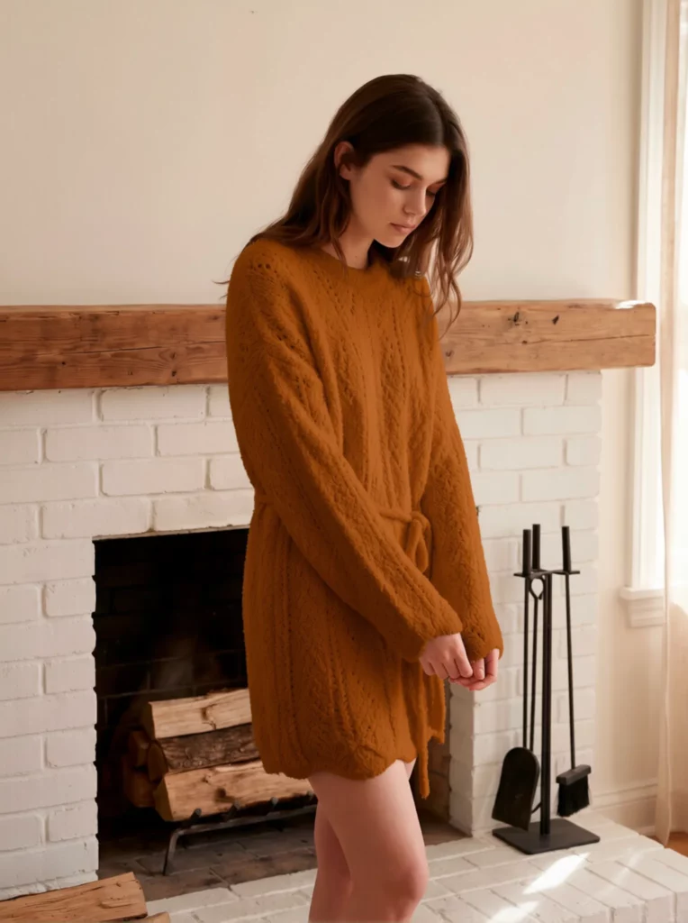 AI-recolored rust orange cable-knit sweater dress shown on the same model with the pose, texture, lighting, and background unchanged.