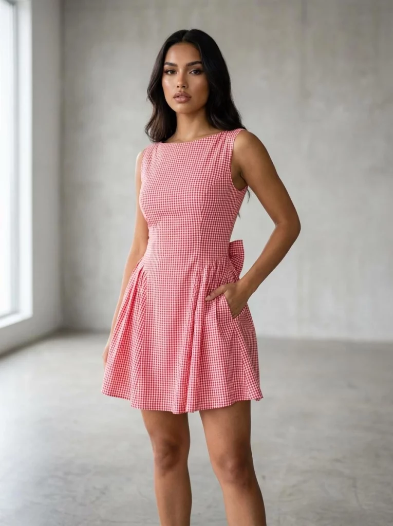 20260113_1_3fbbfc43-1ada-4e93-b687-d006f02c8c25_896x1200jpg_preview – WeShop AI Blog Fashion model wearing a pink sleeveless mini dress in a relaxed front-facing pose with one hand in the pocket.
