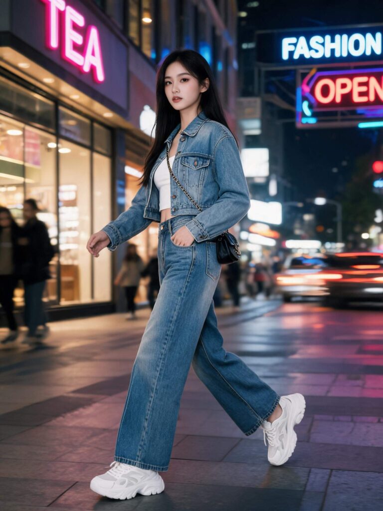 Seedream 5.0 Pro full-body portrait of a woman in denim whose sharp subject edges and mismatched lighting create a pasted-on look against the neon street background.