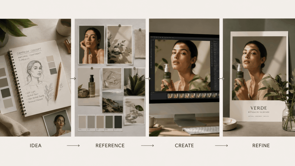 Seedream 5.0 Pro workflow showing the image creation process from creative idea and references to generation and final refinement.