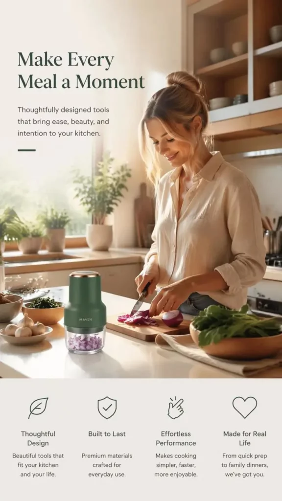 Woman using a green kitchen tool in a bright home setting with supporting messages about thoughtful design, durability, ease of use, and daily life.