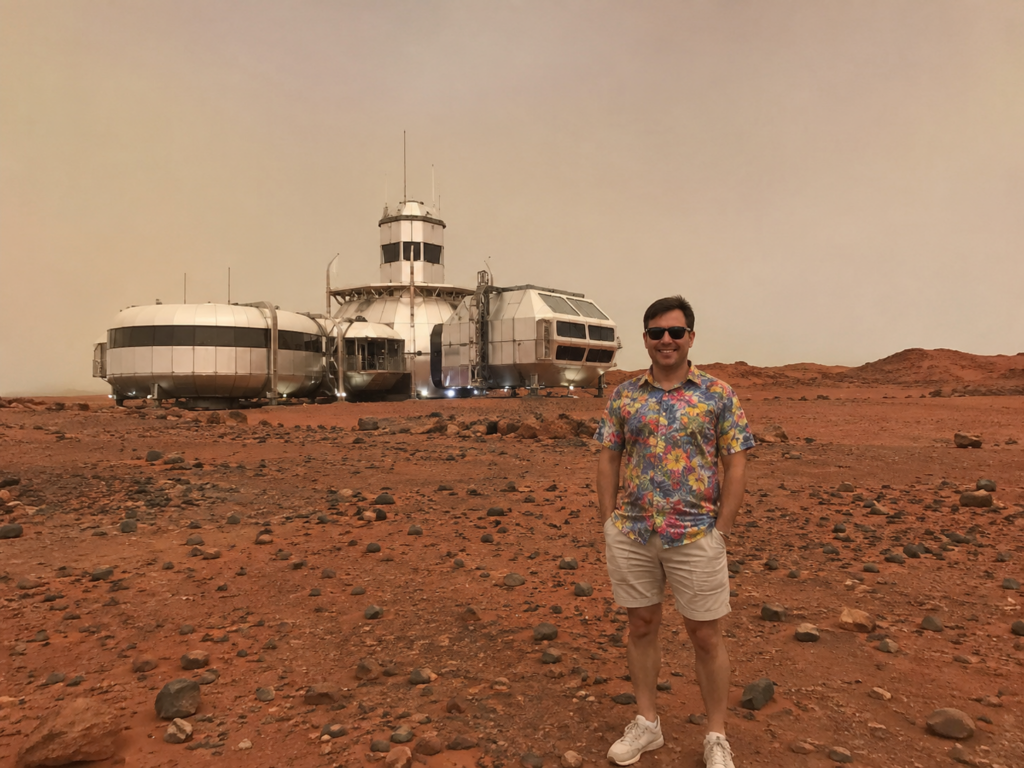 33FA6E6C-0485-477F-9013-69461B8D5A6F – WeShop AI Blog A realistic GPT Image 2 vacation photo showing a tourist visiting a futuristic Mars exploration station.