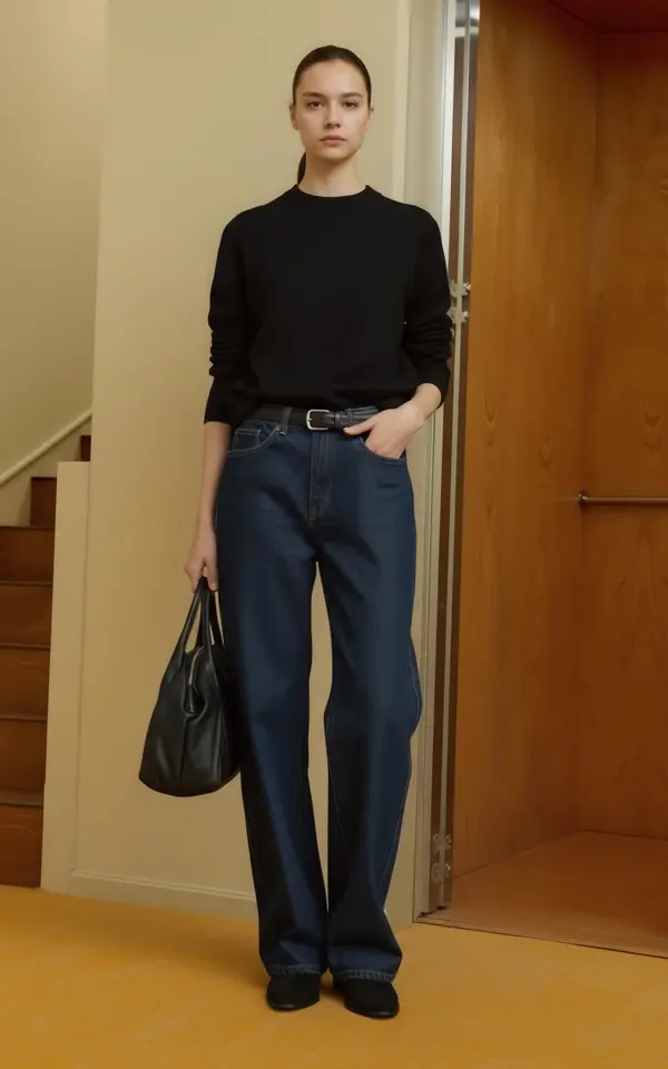 362e388c-c06b-4707-9e90-5e4d9ccb0fda_1280x2048png_width600 – WeShop AI Blog AI Pose Generator ecommerce image showing a model in a black sweater and wide-leg jeans standing with a handbag.