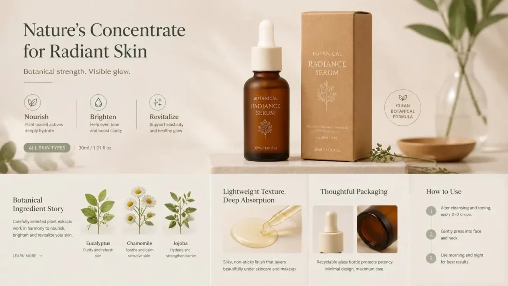 40b43807-3504-4214-a740-0e88be7b2d1a_1280x720png_preview – WeShop AI Blog AI Product Detail Page layout presenting botanical serum benefits, ingredients, packaging, and usage information