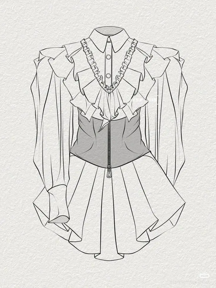 45ab7bf9-ccdc-45f3-bbc5-2121924bdd57_736x981png_preview – WeShop AI Blog Detailed fashion sketch of a white ruffled blouse and skirt design with structured shoulders, long sleeves, and a fitted gray waist panel.