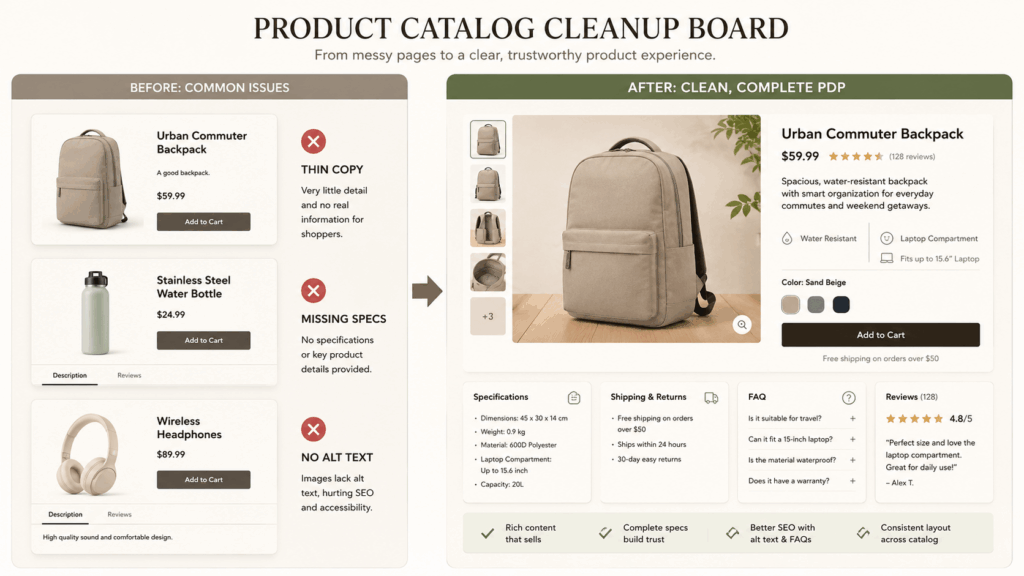 Category question board showing common shopper questions for fashion, skincare, and electronics products with realistic product photography.