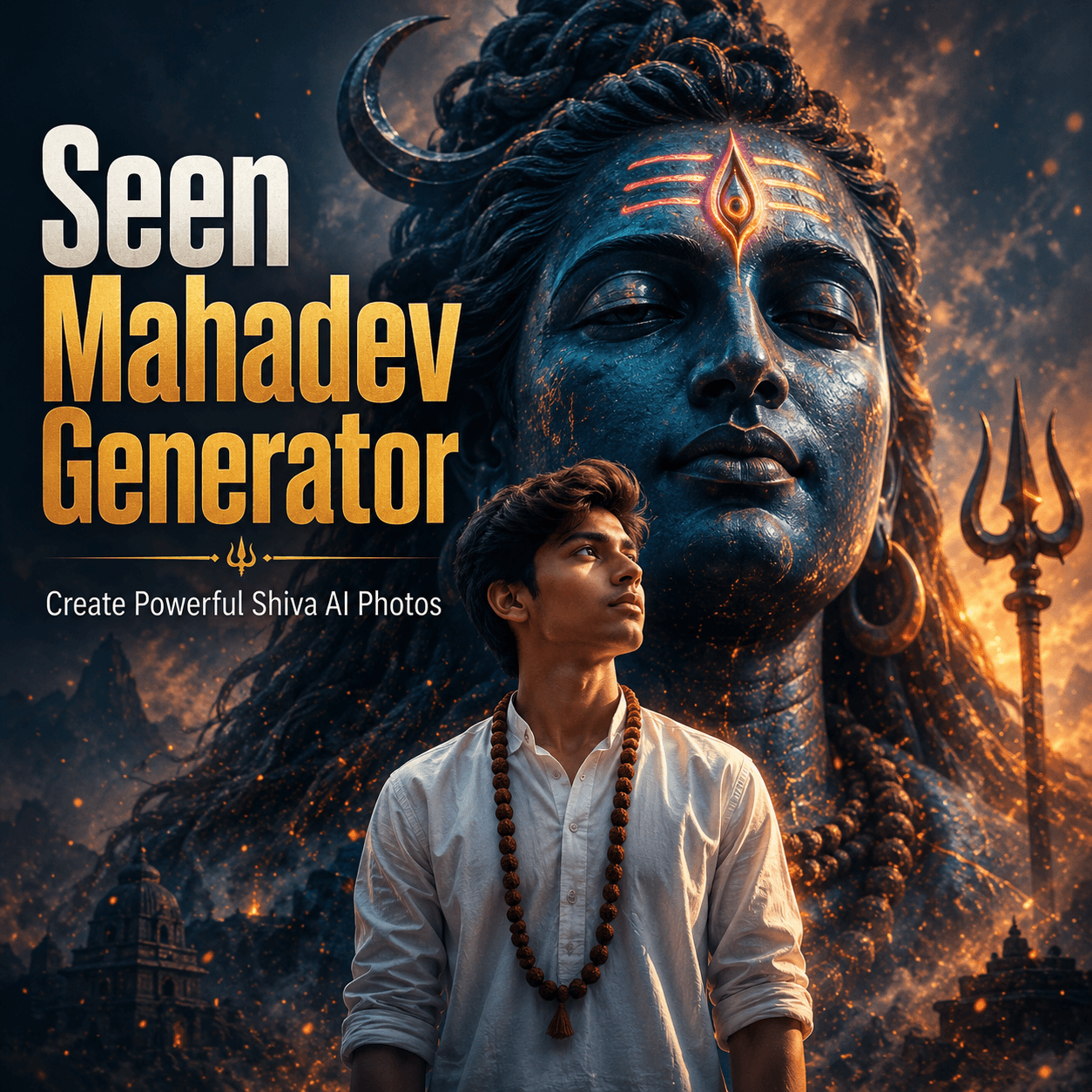 Seen Mahadev Generator cover featuring a young devotee before a towering blue Shiva statue with glowing light and a Trishul.