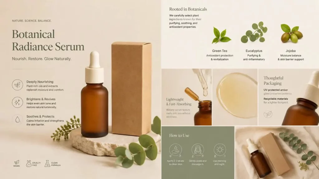 537e7d69-8ac4-4395-926c-5235c58172c4_1280x720png_preview – WeShop AI Blog Complete AI Product Detail Page for a botanical serum with product features, ingredients, lifestyle images, and care information